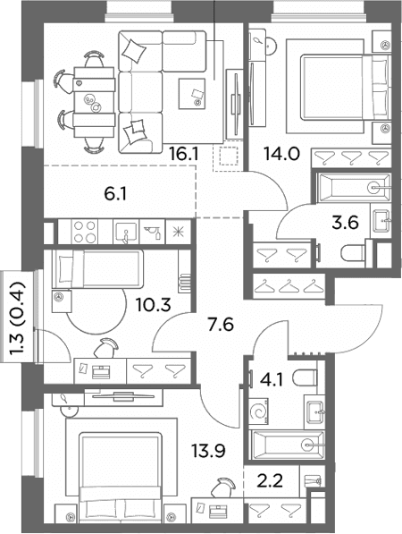 Планировка: Квартира евро-4 77,9 м² в ЖК «Станиславский»