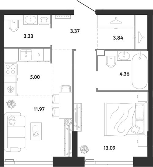 Планировка: 1-комнатная квартира 45 м² в ЖК «Ридж»