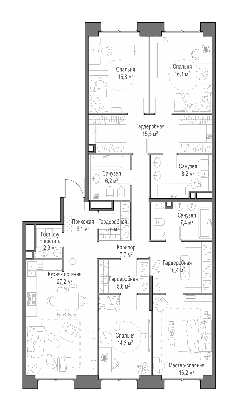 Планировка: Квартира евро-5 164,2 м² в ЖК «Квартал Life Time»