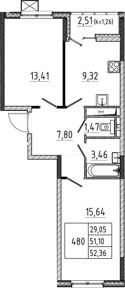 Планировка: 2-комнатная квартира 51,1 м² в ЖК «Поварово-Молодежный-2»
