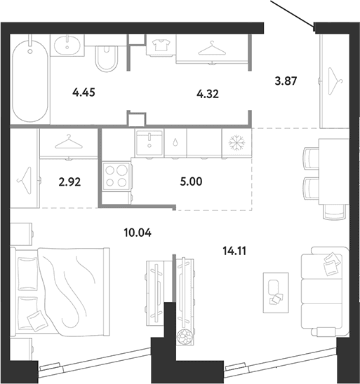 Планировка: 1-комнатная квартира 44,7 м² в ЖК «Ридж»