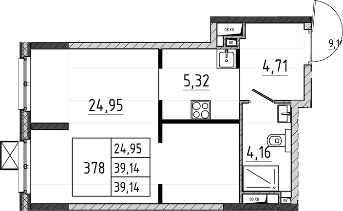 Планировка: Студия 39,1 м² в ЖК «Поварово-Молодежный-2»