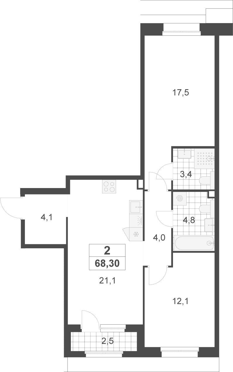 Планировка: Евротрёшка 67,1 м² в ЖК «Деснаречье»