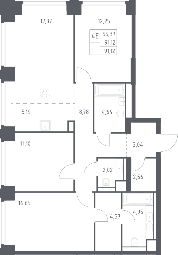 Планировка: Квартира евро-4 91,1 м² в ЖК «НОВА»