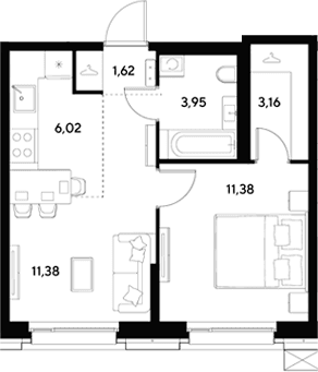 Планировка: Евродвушка 37,5 м² в ЖК «ЭВО»