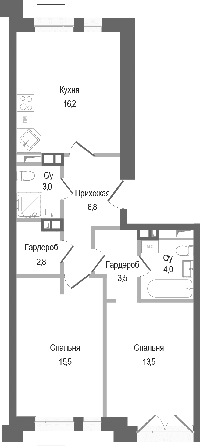 Планировка: 2-комнатная квартира 65,3 м² в ЖК «Киноквартал»