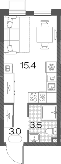 Планировка: Студия 21,9 м² в ЖК «Лучи»
