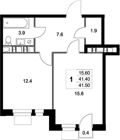 Планировка: 1-комнатная квартира 41,4 м² в ЖК «Легенда Марусино»