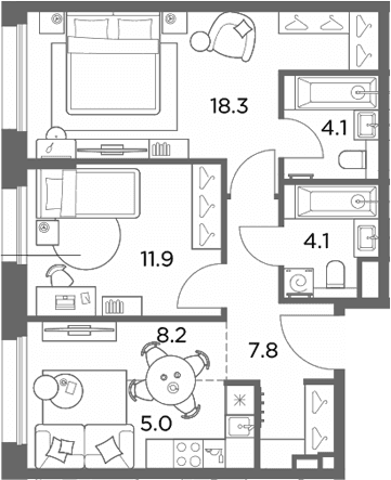 Планировка: Евротрёшка 59,4 м² в ЖК «Станиславский»