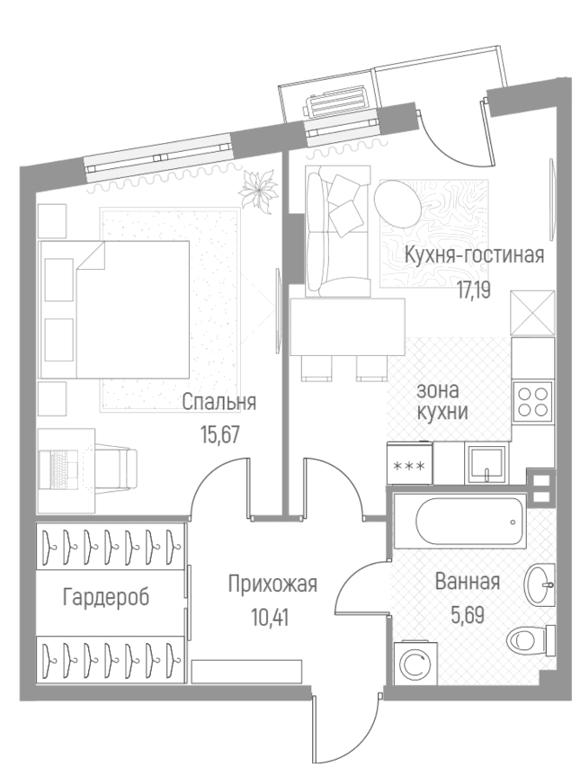 Планировка: 1-комнатная квартира 49 м² в ЖК «Эльйон»