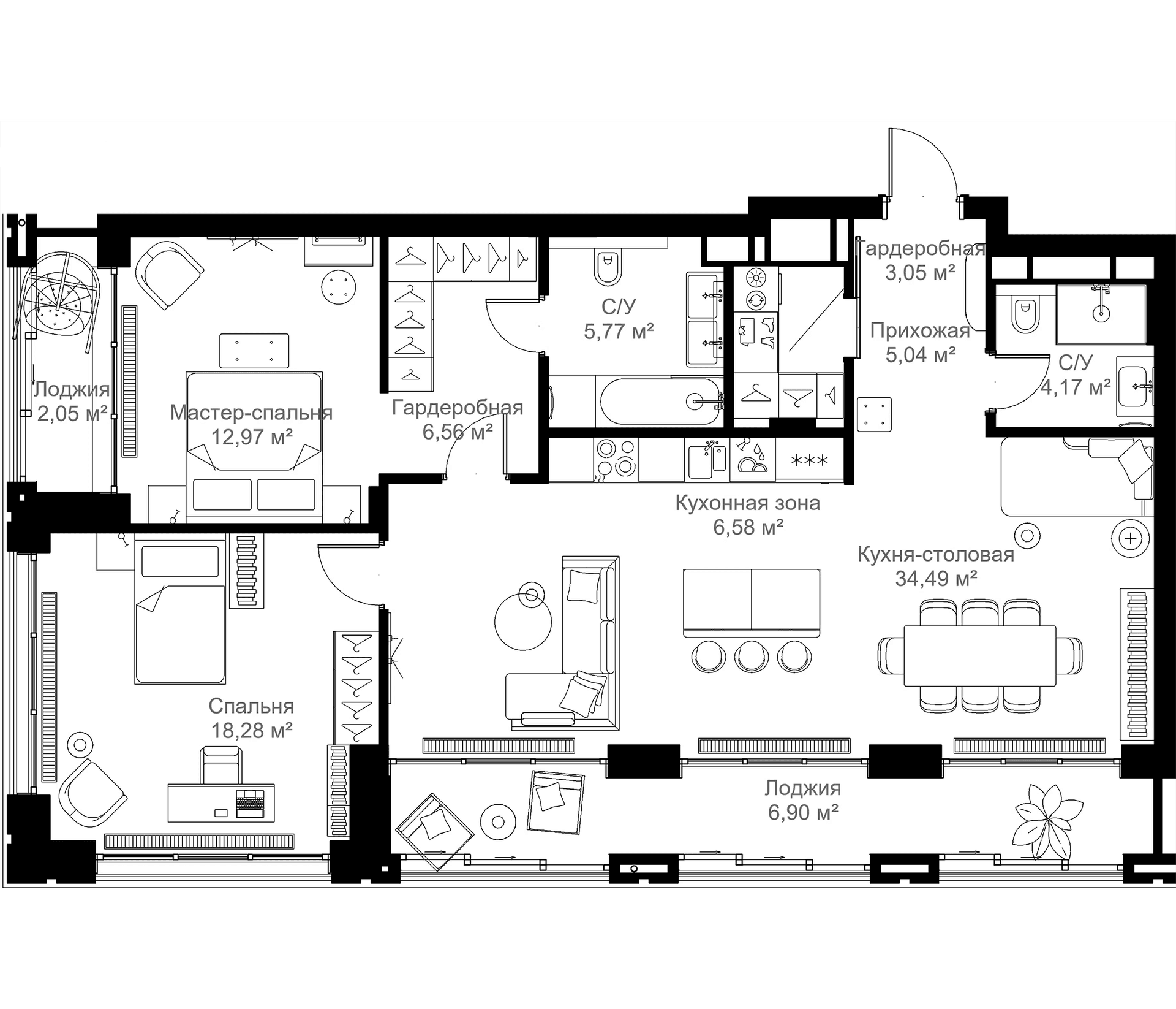 Планировка: 2-комнатная квартира 96,9 м² в ЖК «МЫС»