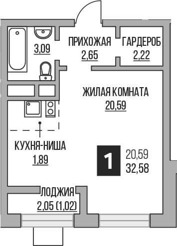 Планировка: Студия 30,5 м² в ЖК «Гранель Пехра»