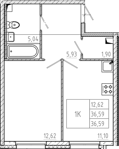 Планировка: 1-комнатная квартира 36,6 м² в ЖК «Дубровка.Парк»