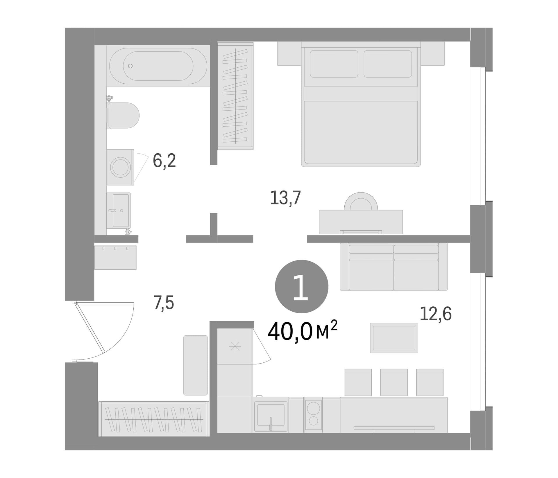 Планировка: 1-комнатная квартира 40 м² в ЖК «Северный ветер»