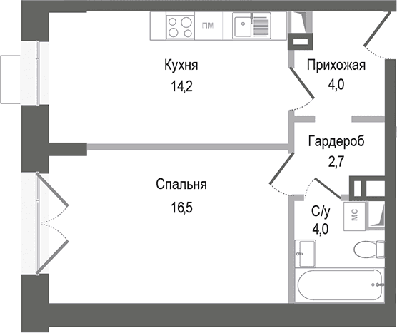 Планировка: 1-комнатная квартира 41,4 м² в ЖК «Киноквартал»