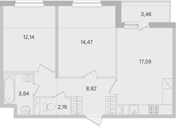 Планировка: Евротрёшка 58,5 м² в ЖК «Ясно.Янино»