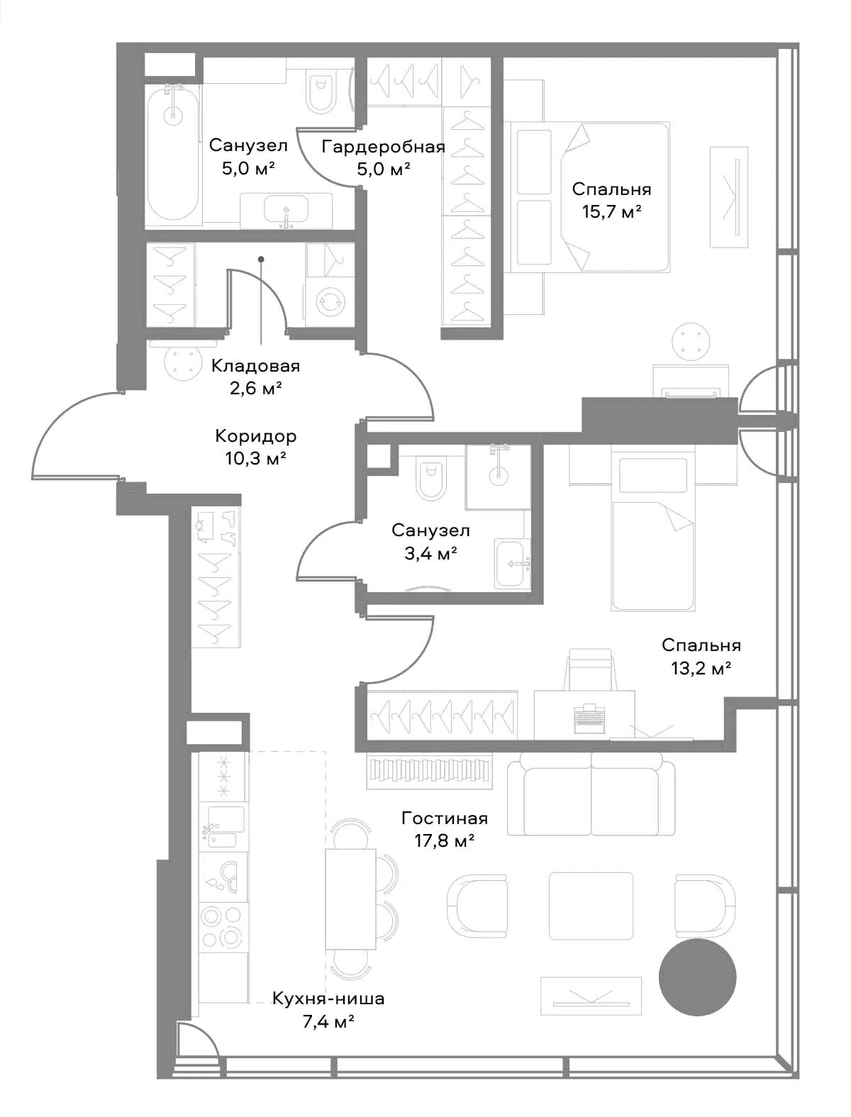 Планировка: Евротрёшка 79,4 м² в ЖК «Слава»