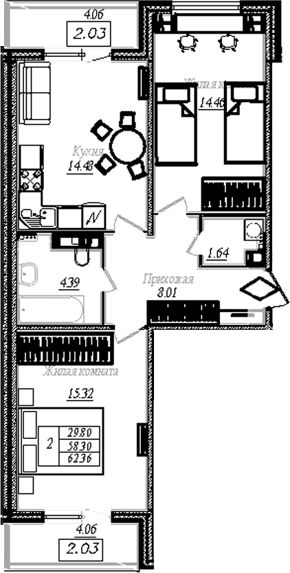 Планировка: 2-комнатная квартира 58,3 м² в ЖК «АРО»