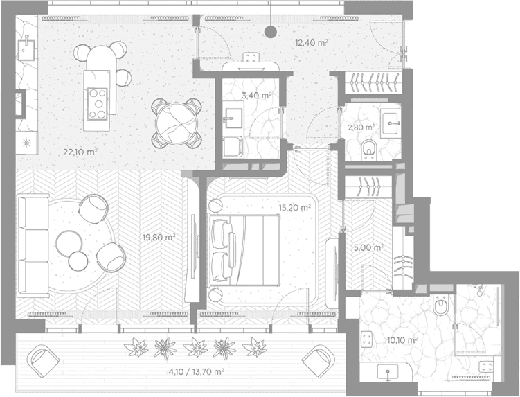 Планировка: 1-комнатная квартира 90,8 м² в ЖК «Николь»