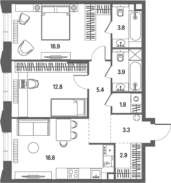 Планировка: Евротрёшка 67,6 м² в ЖК «КОД Сокольники»