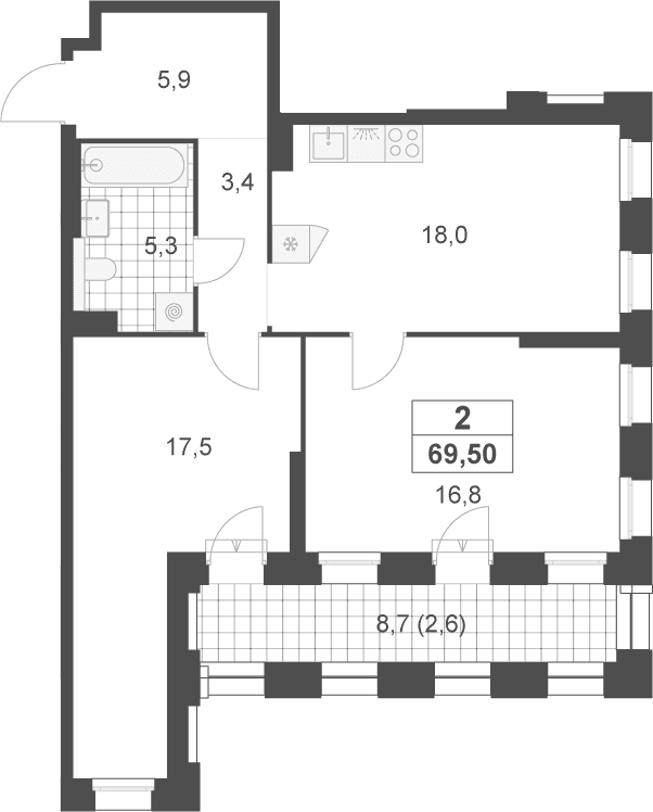 Планировка: Евротрёшка 66,9 м² в ЖК «Деснаречье»