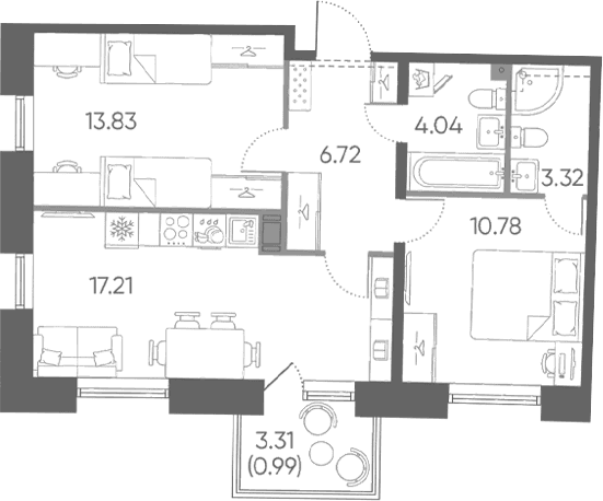 Планировка: Евротрёшка 55,9 м² в ЖК «Бульвар Грина»