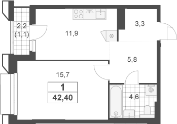 Планировка: 1-комнатная квартира 41,3 м² в ЖК «Южные сады»