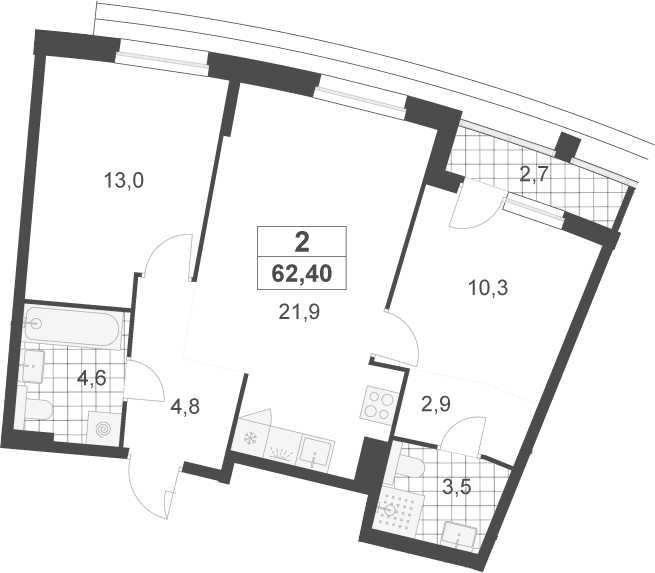 Планировка: Евротрёшка 61,1 м² в ЖК «Деснаречье»