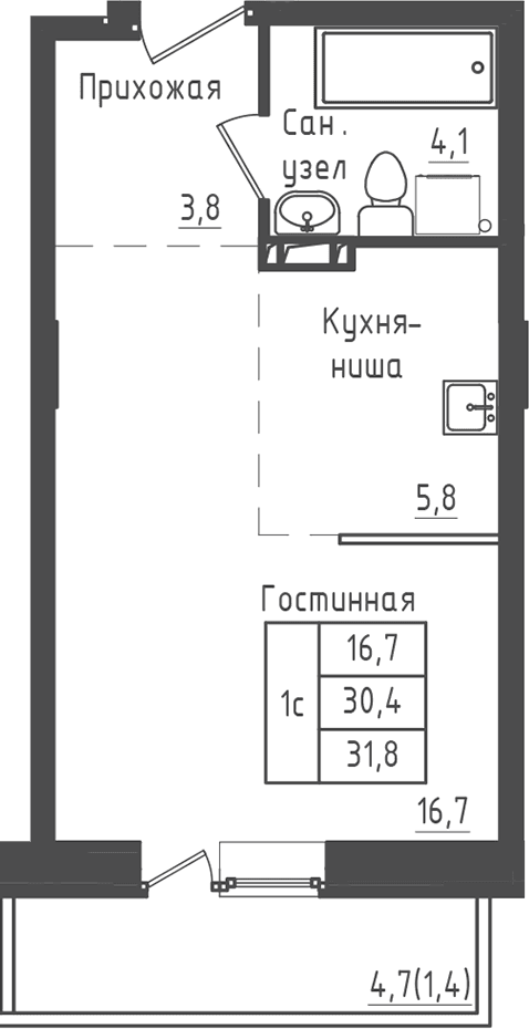 Планировка: Студия 30,4 м² в ЖК «Зеленый город»