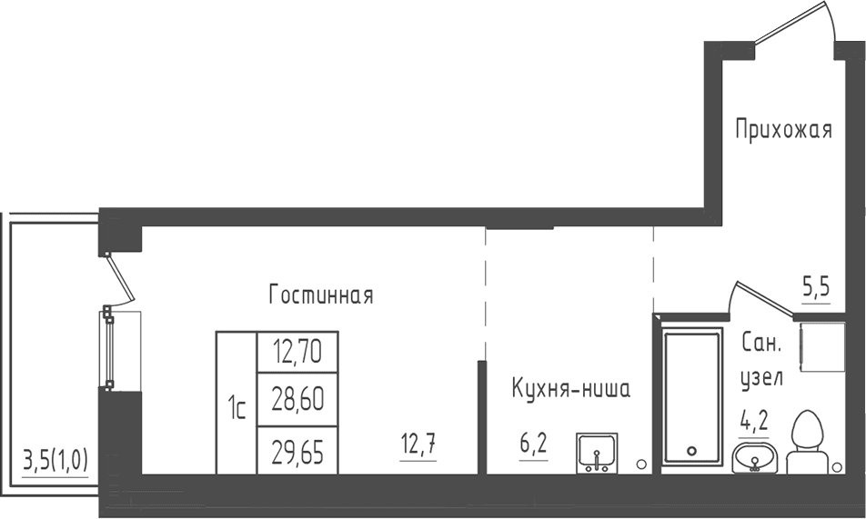 Планировка: Студия 28,6 м² в ЖК «Зеленый город»