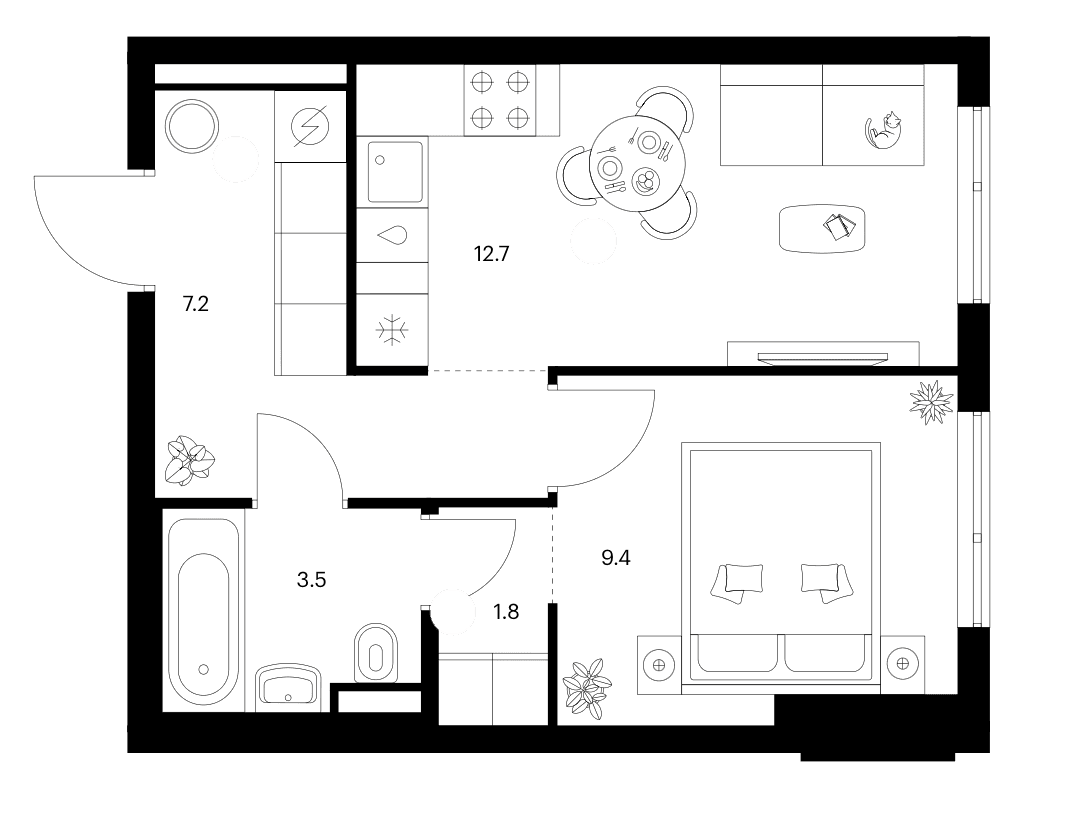 Планировка: 1-комнатная квартира 34,6 м² в ЖК «Зеленый парк»