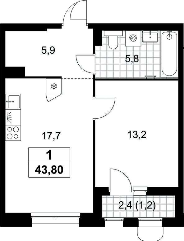 Планировка: Евродвушка 42,6 м² в ЖК «Прокшино»