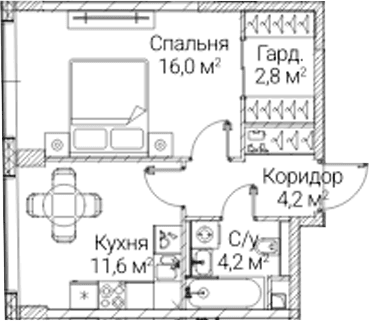 Планировка: 1-комнатная квартира 38,8 м² в ЖК «СЕЗАР БУДУЩЕЕ»