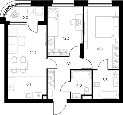 Планировка: Евротрёшка 66,6 м² в ЖК «Адмирал»