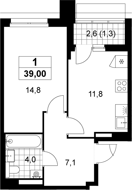 Планировка: 1-комнатная квартира 37,7 м² в ЖК «Деснаречье»