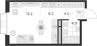 Планировка: Студия 29,7 м² в ЖК «Михалевич»