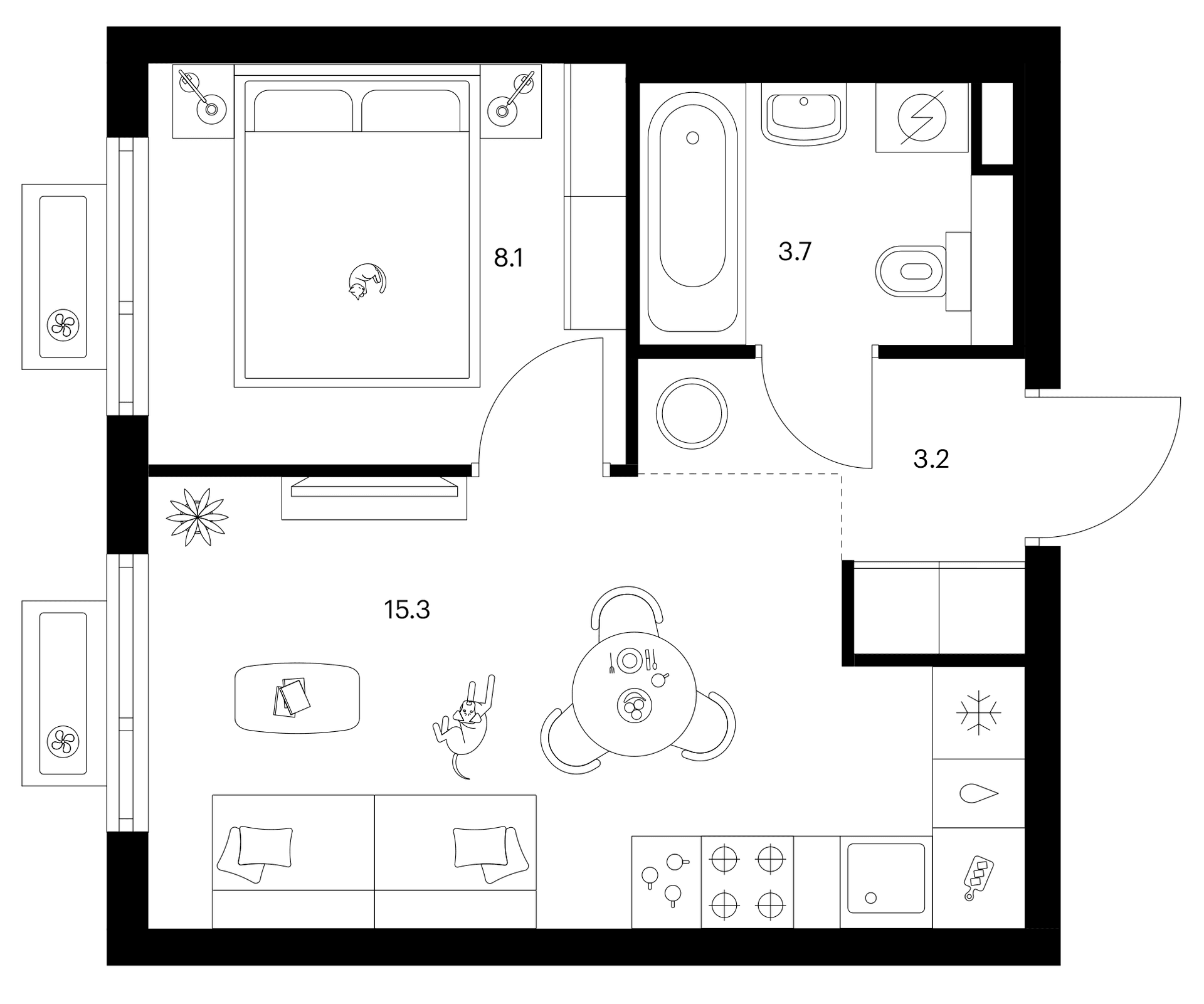 Планировка: 1-комнатная квартира 30,3 м² в ЖК «Белая Дача парк»
