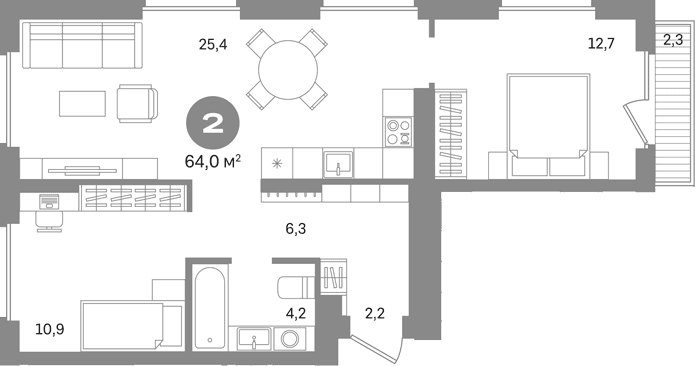 Планировка: 2-комнатная квартира 61,7 м² в ЖК «Первый квартал. Вторая очередь»