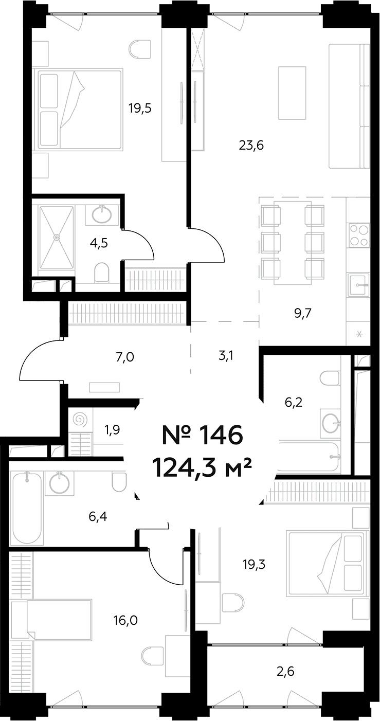 Планировка: Квартира евро-4 121,7 м² в ЖК «Монблан»