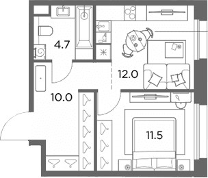 Планировка: 1-комнатная квартира 38,2 м² в ЖК «Станиславский»