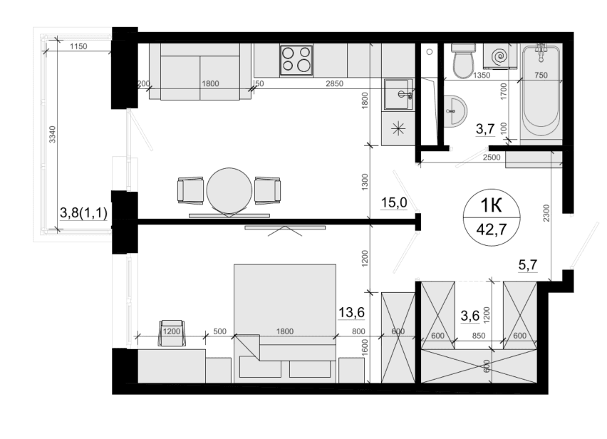 Планировка: 1-комнатная квартира 41,6 м² в ЖК «Одинцовские Кварталы Эволюция»