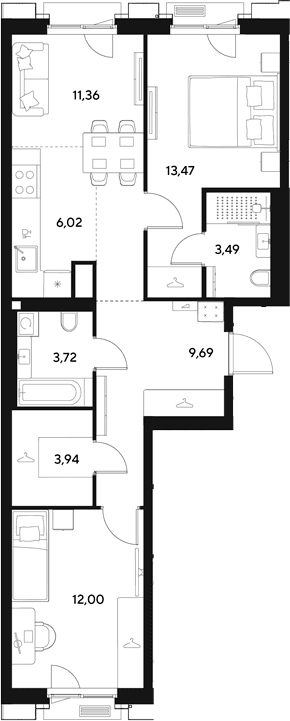 Планировка: Евротрёшка 63,7 м² в ЖК «ЭВО»