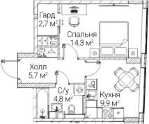 Планировка: 1-комнатная квартира 37,5 м² в ЖК «СЕЗАР БУДУЩЕЕ»