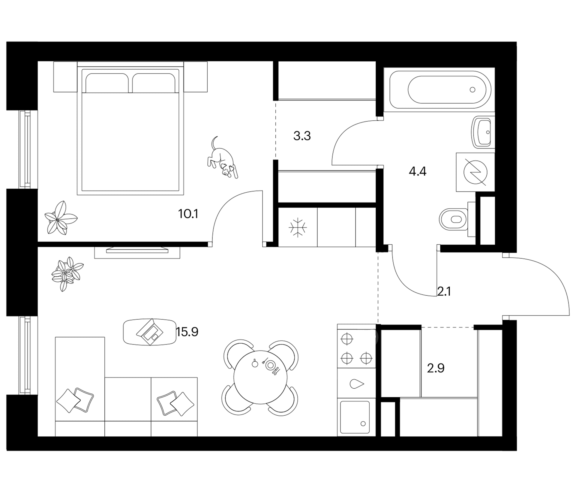 Планировка: 1-комнатная квартира 38,7 м² в ЖК «Москворечье»