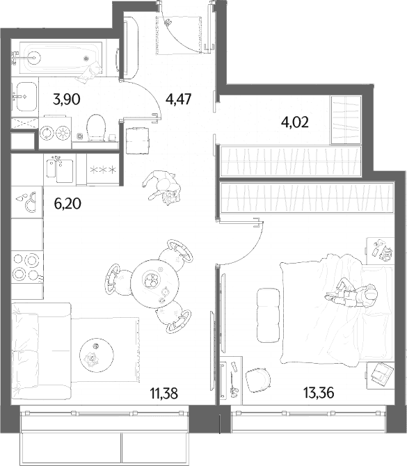 Планировка: Евродвушка 43,3 м² в ЖК «МЫС»