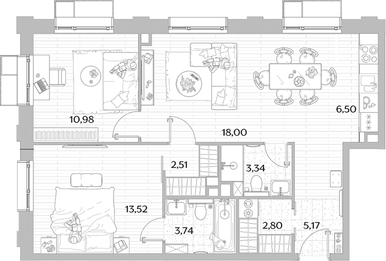 Планировка: Евротрёшка 66,6 м² в ЖК «МЫС»