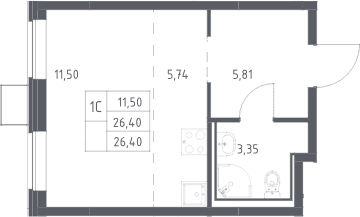 Планировка: Студия 26,4 м² в ЖК «Прибрежный Парк»