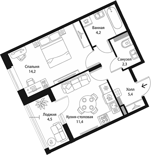 Планировка: 1-комнатная квартира 37,6 м² в ЖК «Экография»