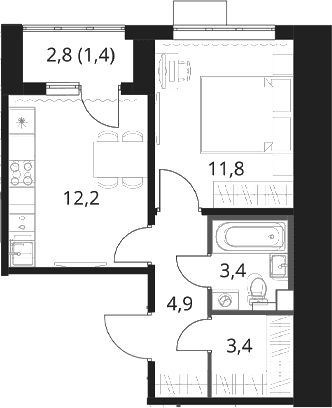 Планировка: 1-комнатная квартира 35,7 м² в ЖК «1-й Шереметьевский»