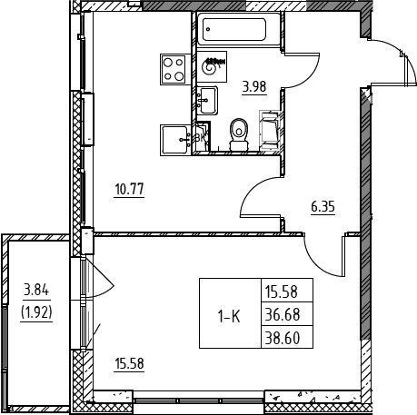 Планировка: 1-комнатная квартира 36,7 м² в ЖК «Город-спутник Южный»